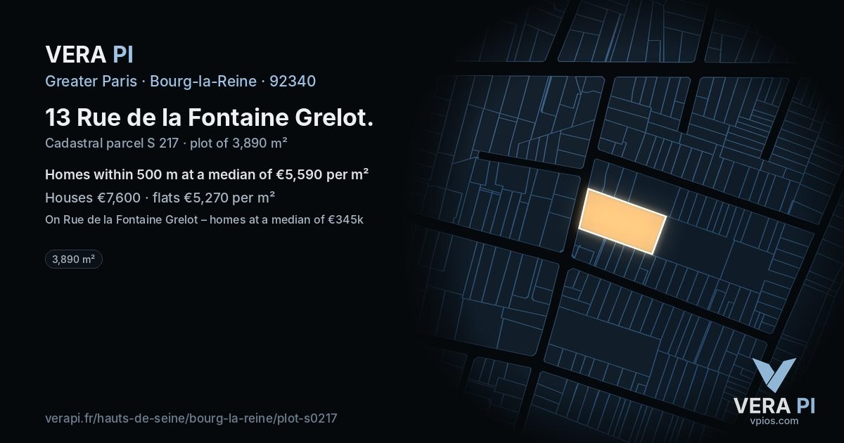 13 Rue de la Fontaine Grelot, Bourg-la-Reine at night – the plot lit, the parcels around coloured by the prices near them