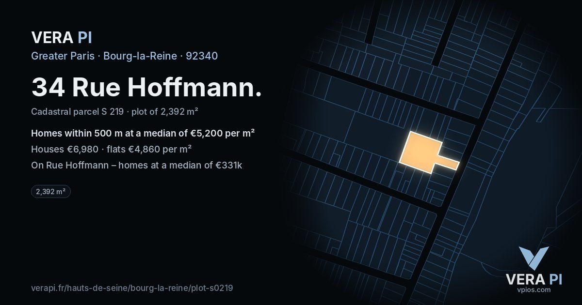 34 Rue Hoffmann, Bourg-la-Reine at night – the plot lit, the parcels around coloured by the prices near them
