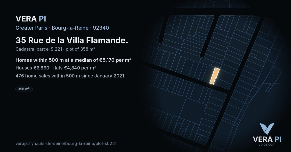 35 Rue de la Villa Flamande, Bourg-la-Reine at night – the plot lit, the parcels around coloured by the prices near them
