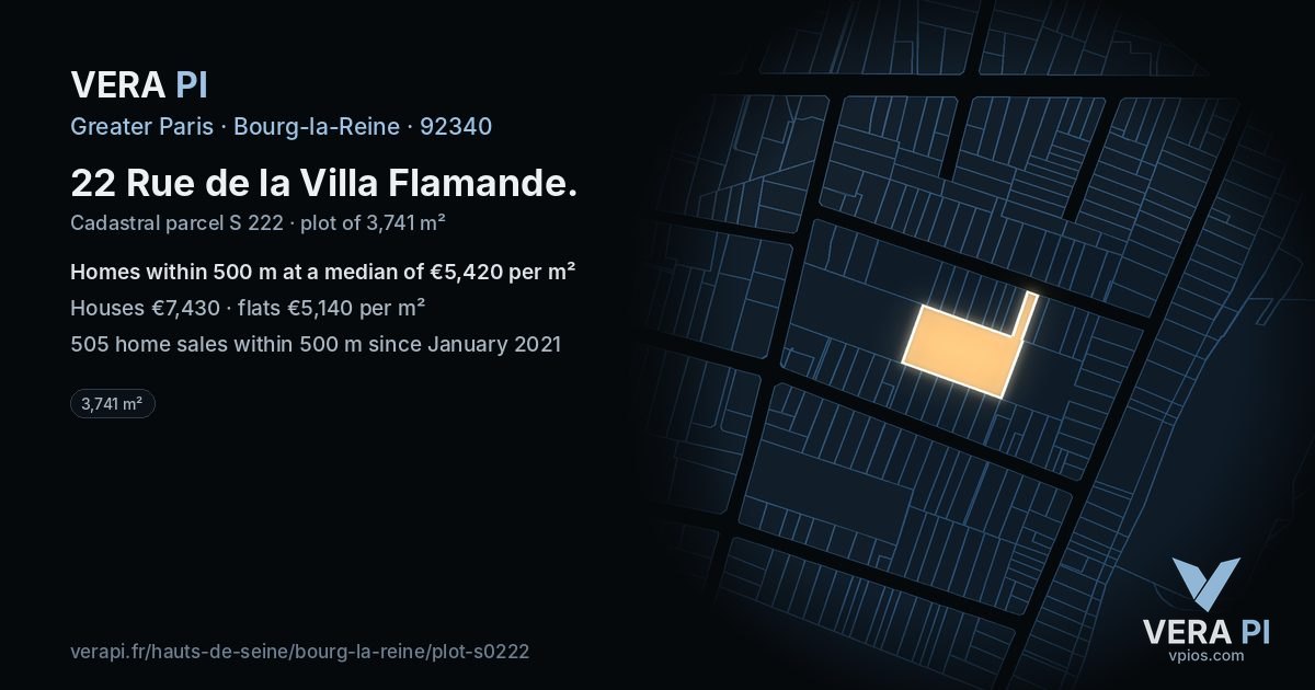 22 Rue de la Villa Flamande, Bourg-la-Reine at night – the plot lit, the parcels around coloured by the prices near them