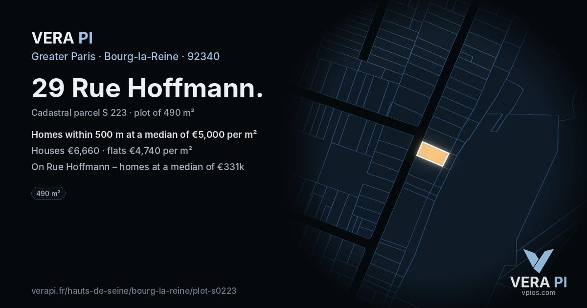 29 Rue Hoffmann, Bourg-la-Reine at night – the plot lit, the parcels around coloured by the prices near them