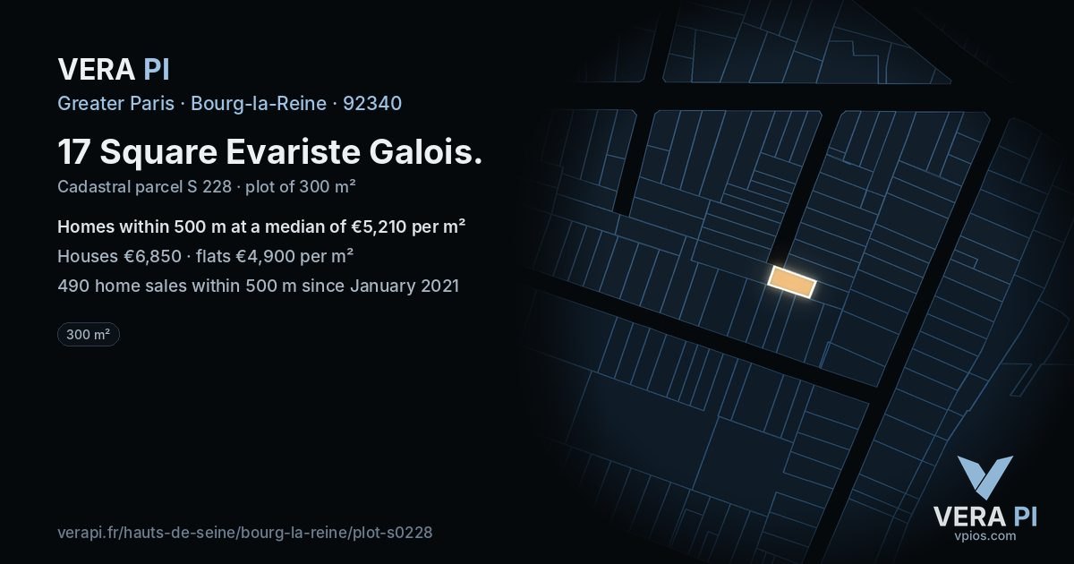 17 Square Evariste Galois, Bourg-la-Reine at night – the plot lit, the parcels around coloured by the prices near them