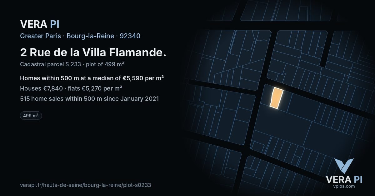 2 Rue de la Villa Flamande, Bourg-la-Reine at night – the plot lit, the parcels around coloured by the prices near them