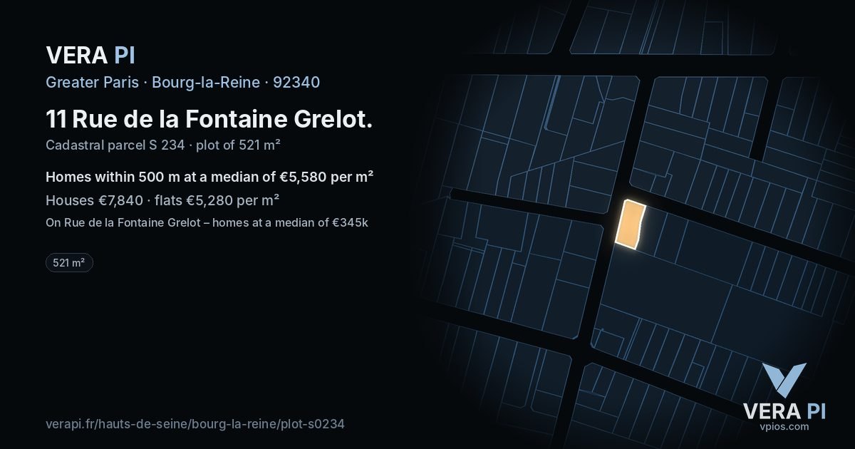11 Rue de la Fontaine Grelot, Bourg-la-Reine at night – the plot lit, the parcels around coloured by the prices near them