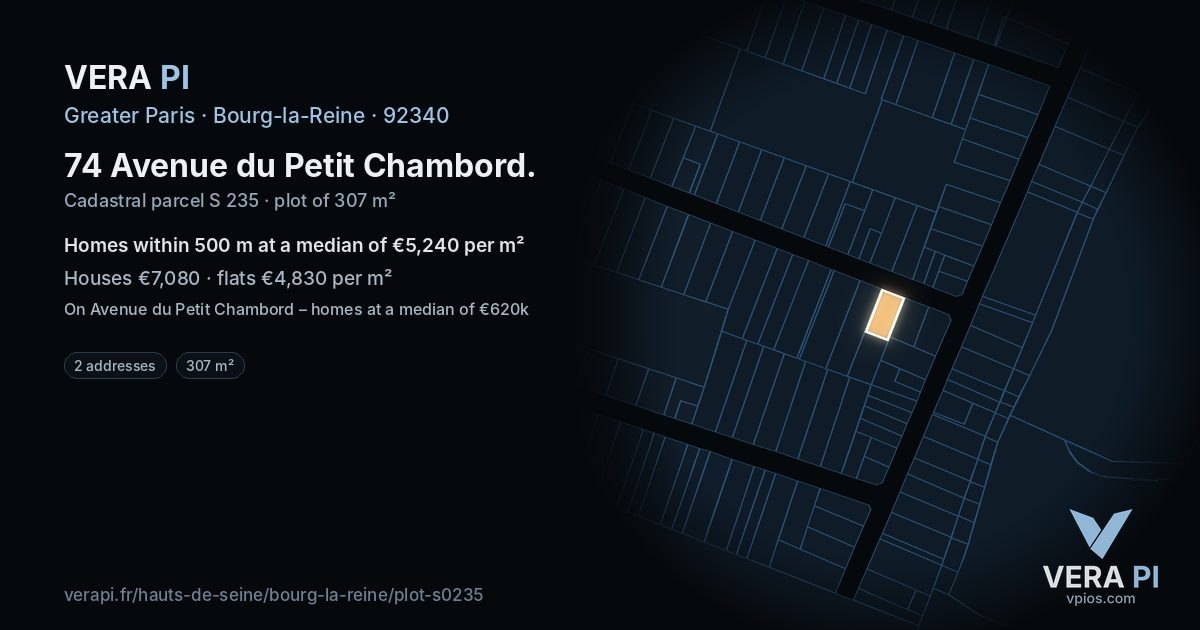 74 Avenue du Petit Chambord, Bourg-la-Reine at night – the plot lit, the parcels around coloured by the prices near them