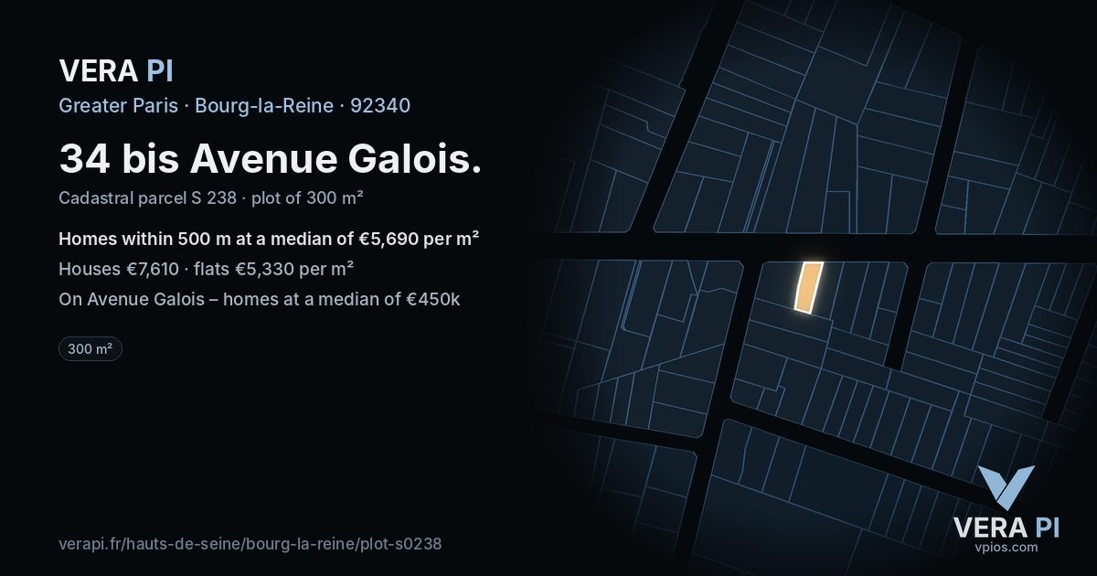 34 bis Avenue Galois, Bourg-la-Reine at night – the plot lit, the parcels around coloured by the prices near them