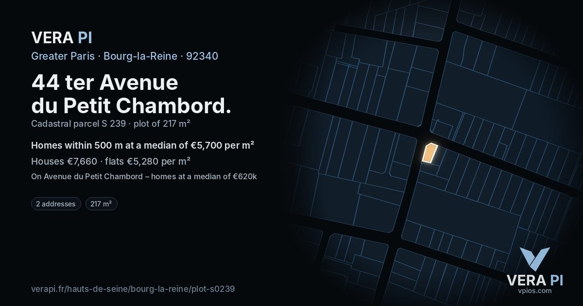 44 ter Avenue du Petit Chambord, Bourg-la-Reine at night – the plot lit, the parcels around coloured by the prices near them