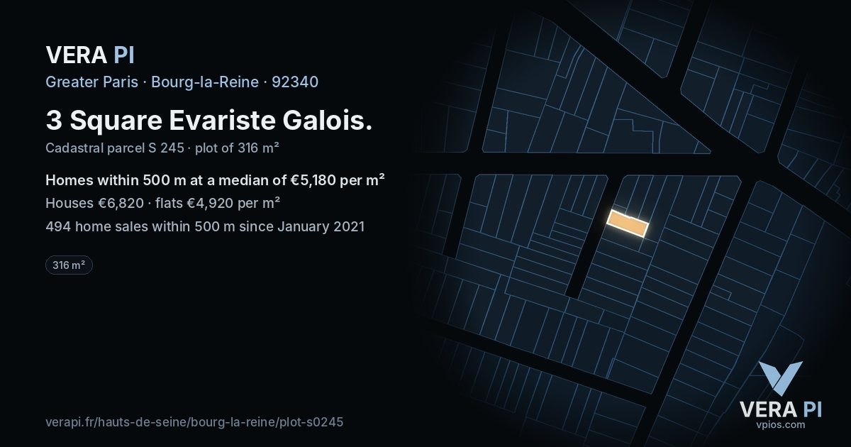 3 Square Evariste Galois, Bourg-la-Reine at night – the plot lit, the parcels around coloured by the prices near them