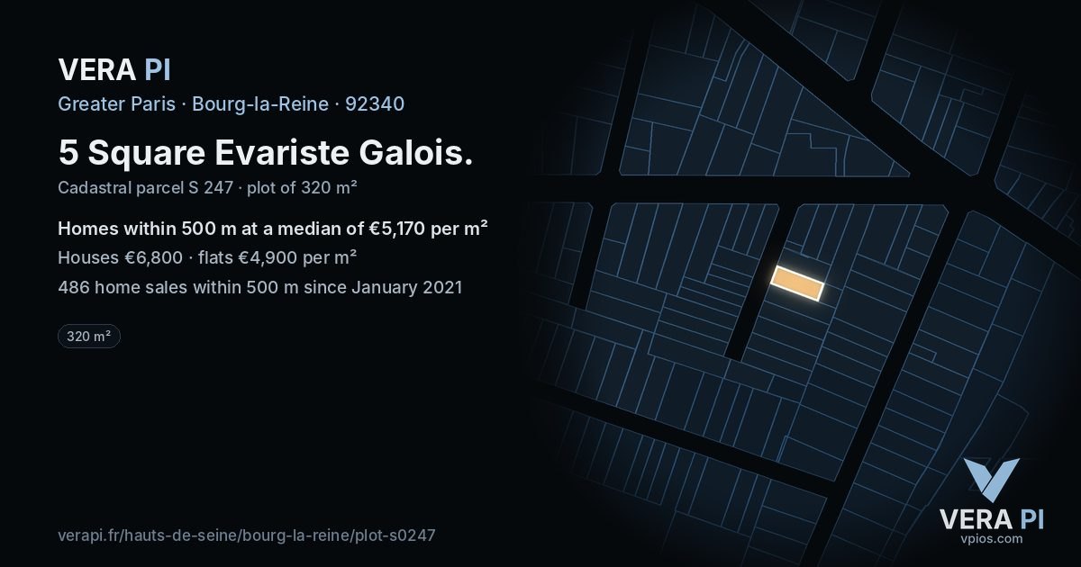 5 Square Evariste Galois, Bourg-la-Reine at night – the plot lit, the parcels around coloured by the prices near them
