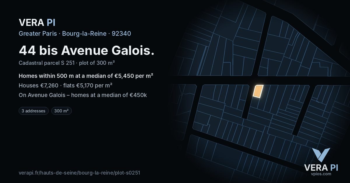 44 bis Avenue Galois, Bourg-la-Reine at night – the plot lit, the parcels around coloured by the prices near them