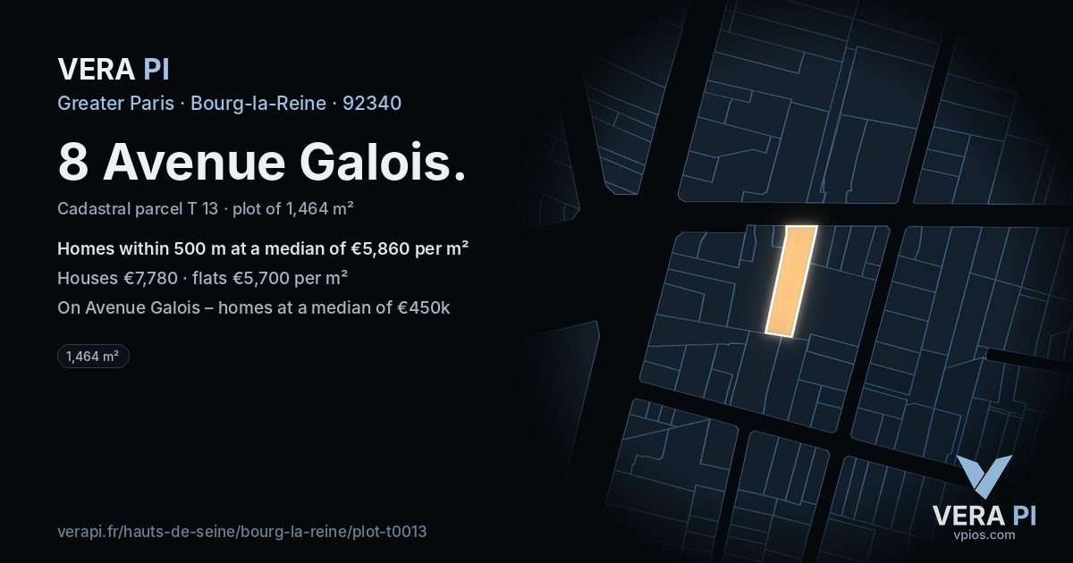 8 Avenue Galois, Bourg-la-Reine at night – the plot lit, the parcels around coloured by the prices near them