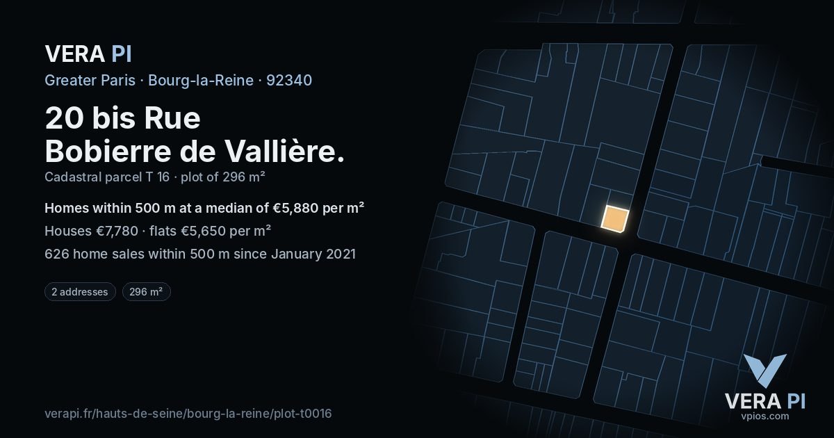 20 bis Rue Bobierre de Vallière, Bourg-la-Reine at night – the plot lit, the parcels around coloured by the prices near them