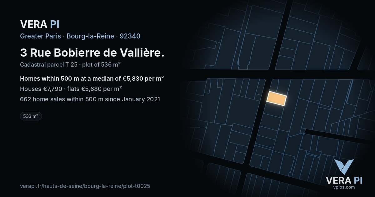 3 Rue Bobierre de Vallière, Bourg-la-Reine at night – the plot lit, the parcels around coloured by the prices near them