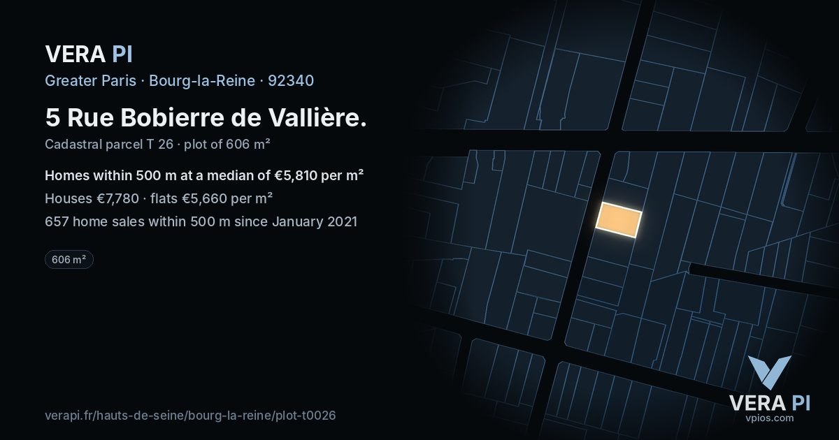 5 Rue Bobierre de Vallière, Bourg-la-Reine at night – the plot lit, the parcels around coloured by the prices near them