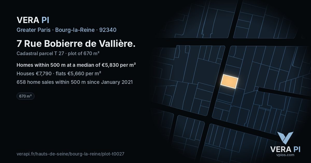 7 Rue Bobierre de Vallière, Bourg-la-Reine at night – the plot lit, the parcels around coloured by the prices near them