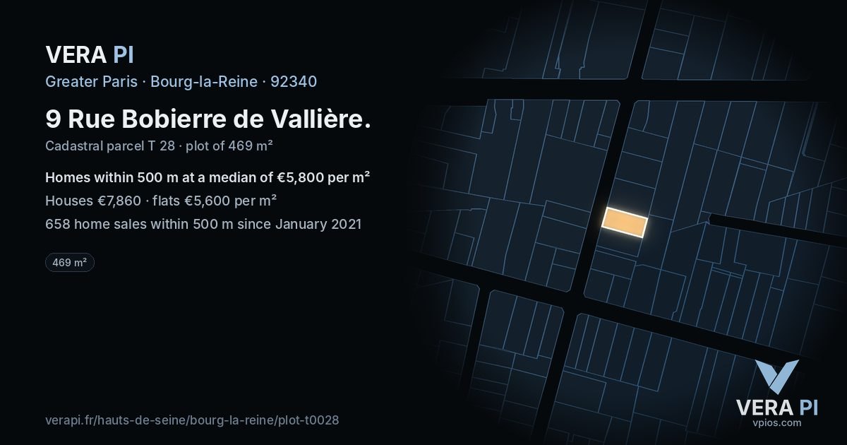 9 Rue Bobierre de Vallière, Bourg-la-Reine at night – the plot lit, the parcels around coloured by the prices near them