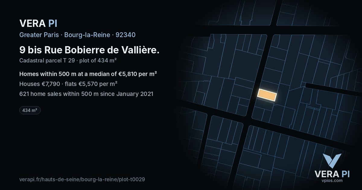 9 bis Rue Bobierre de Vallière, Bourg-la-Reine at night – the plot lit, the parcels around coloured by the prices near them