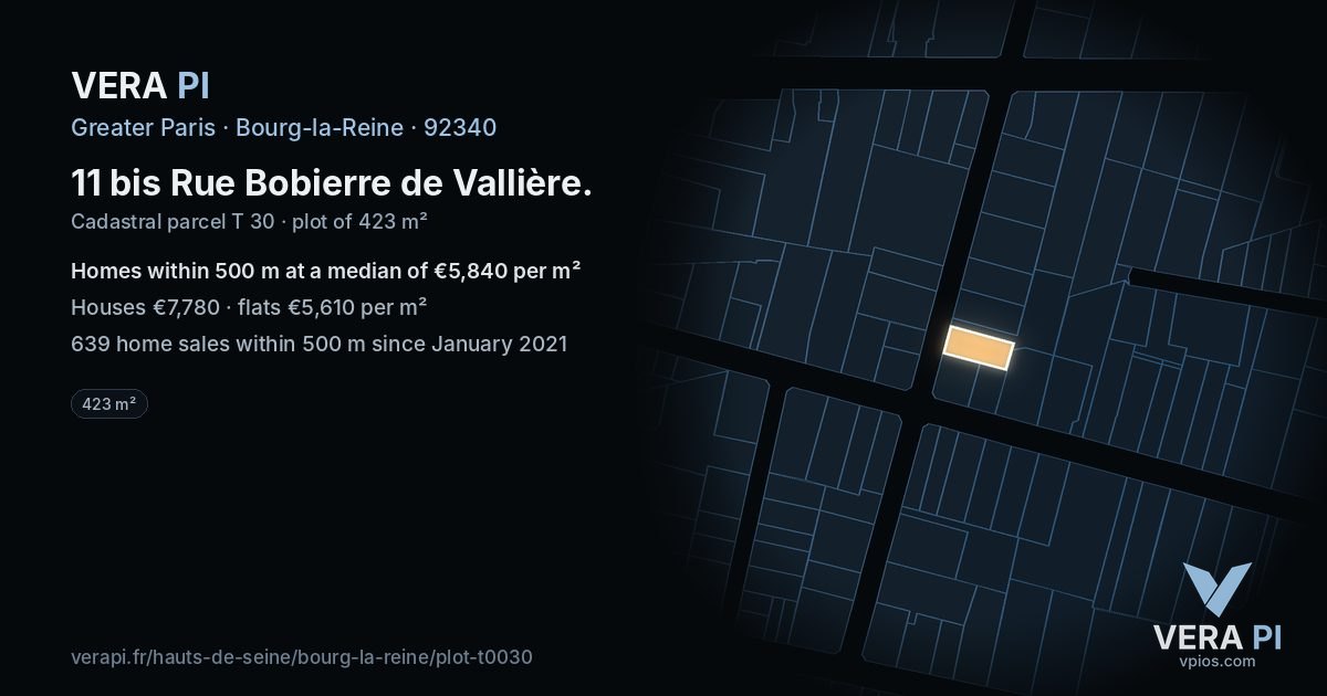 11 bis Rue Bobierre de Vallière, Bourg-la-Reine at night – the plot lit, the parcels around coloured by the prices near them
