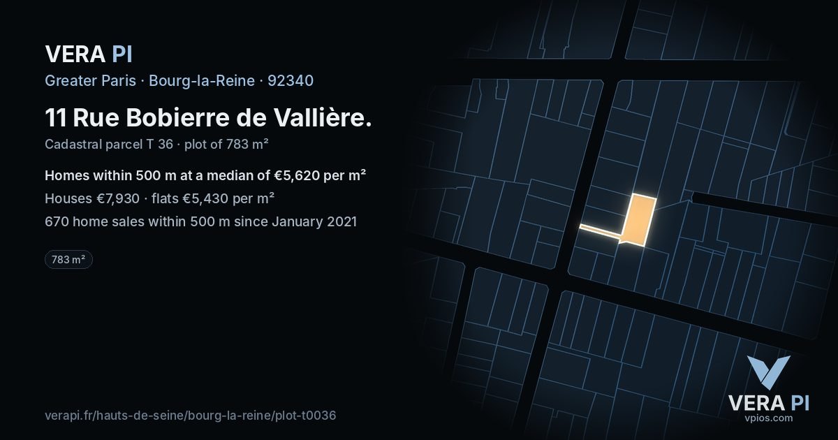 11 Rue Bobierre de Vallière, Bourg-la-Reine at night – the plot lit, the parcels around coloured by the prices near them