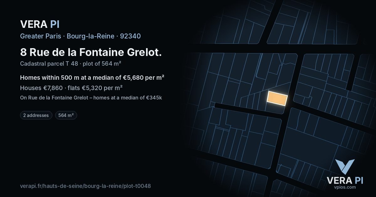 8 Rue de la Fontaine Grelot, Bourg-la-Reine at night – the plot lit, the parcels around coloured by the prices near them