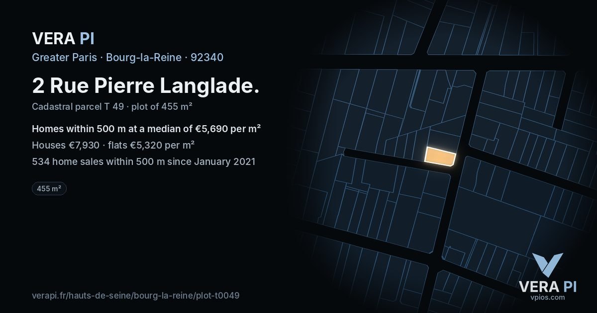 2 Rue Pierre Langlade, Bourg-la-Reine at night – the plot lit, the parcels around coloured by the prices near them