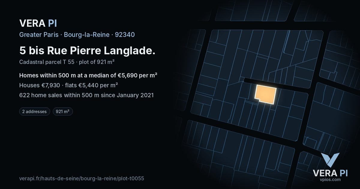 5 bis Rue Pierre Langlade, Bourg-la-Reine at night – the plot lit, the parcels around coloured by the prices near them