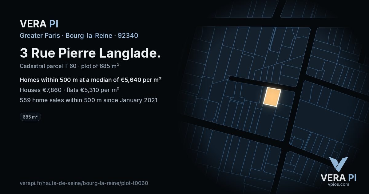 3 Rue Pierre Langlade, Bourg-la-Reine at night – the plot lit, the parcels around coloured by the prices near them