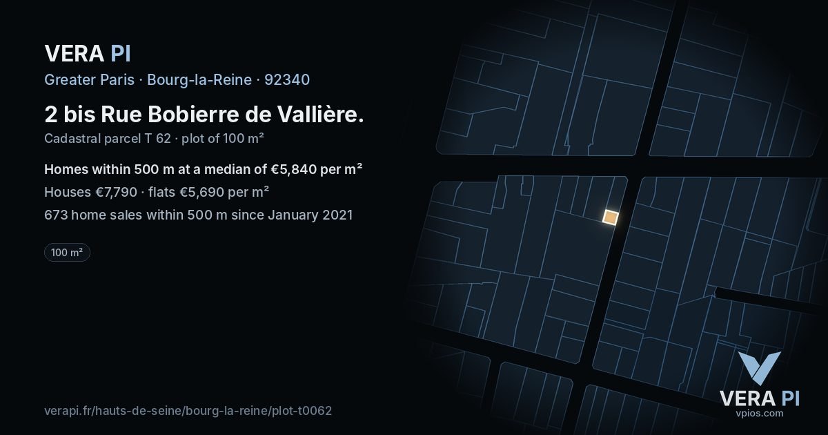2 bis Rue Bobierre de Vallière, Bourg-la-Reine at night – the plot lit, the parcels around coloured by the prices near them