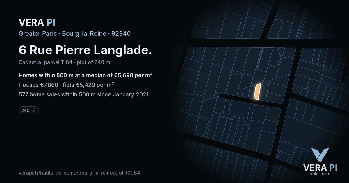 6 Rue Pierre Langlade, Bourg-la-Reine at night – the plot lit, the parcels around coloured by the prices near them