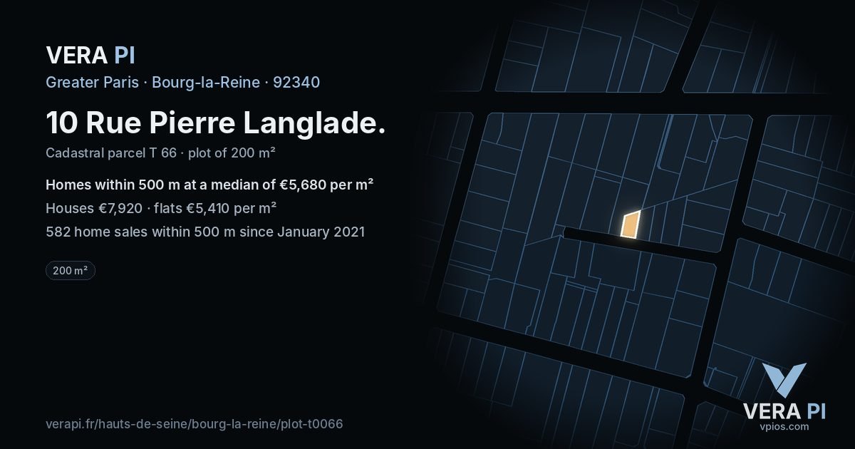 10 Rue Pierre Langlade, Bourg-la-Reine at night – the plot lit, the parcels around coloured by the prices near them
