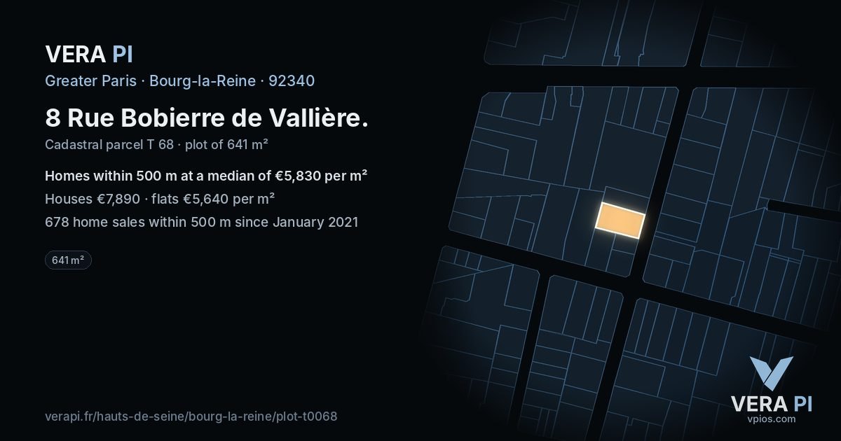 8 Rue Bobierre de Vallière, Bourg-la-Reine at night – the plot lit, the parcels around coloured by the prices near them