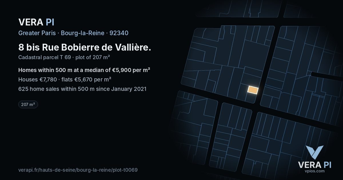 8 bis Rue Bobierre de Vallière, Bourg-la-Reine at night – the plot lit, the parcels around coloured by the prices near them