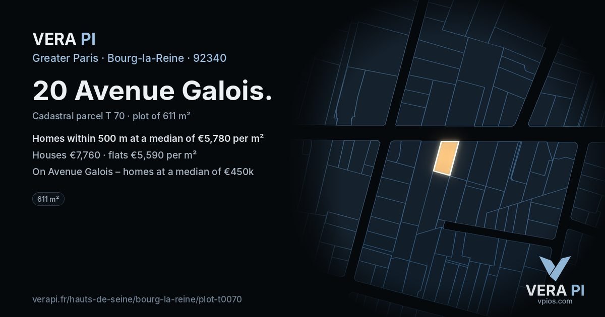 20 Avenue Galois, Bourg-la-Reine at night – the plot lit, the parcels around coloured by the prices near them