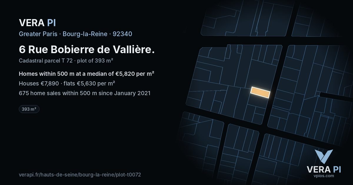 6 Rue Bobierre de Vallière, Bourg-la-Reine at night – the plot lit, the parcels around coloured by the prices near them