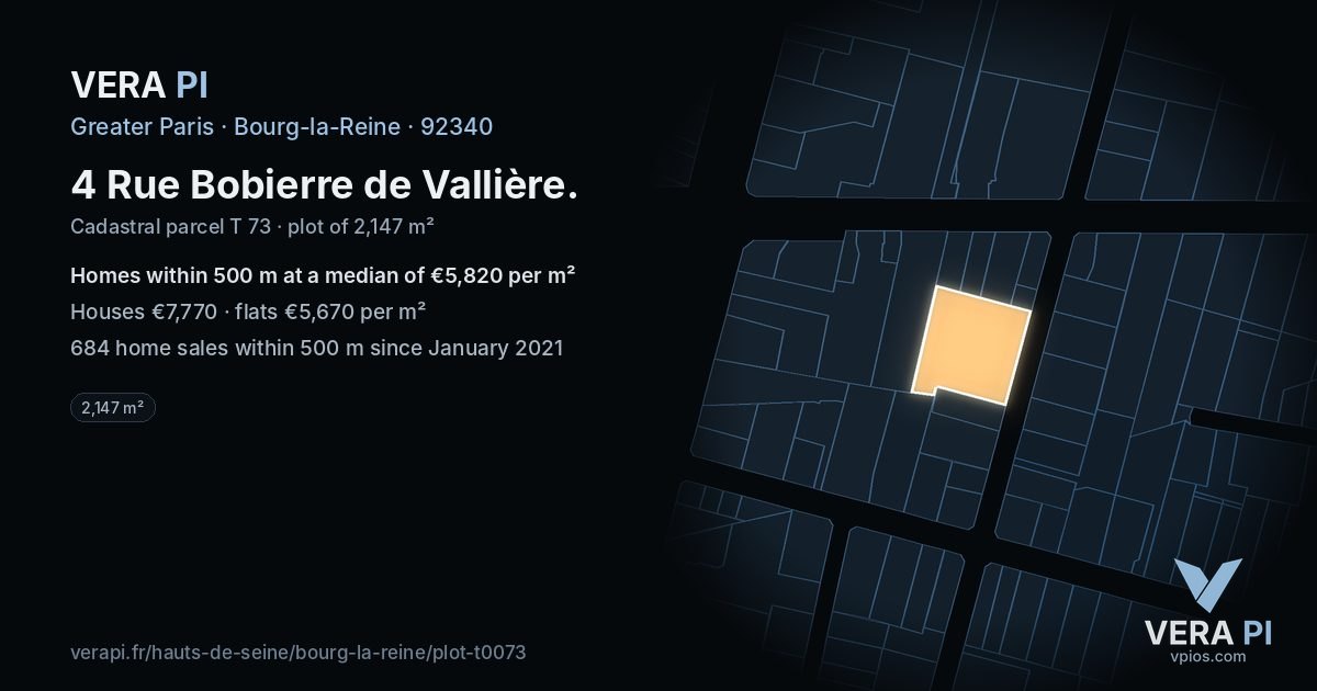 4 Rue Bobierre de Vallière, Bourg-la-Reine at night – the plot lit, the parcels around coloured by the prices near them