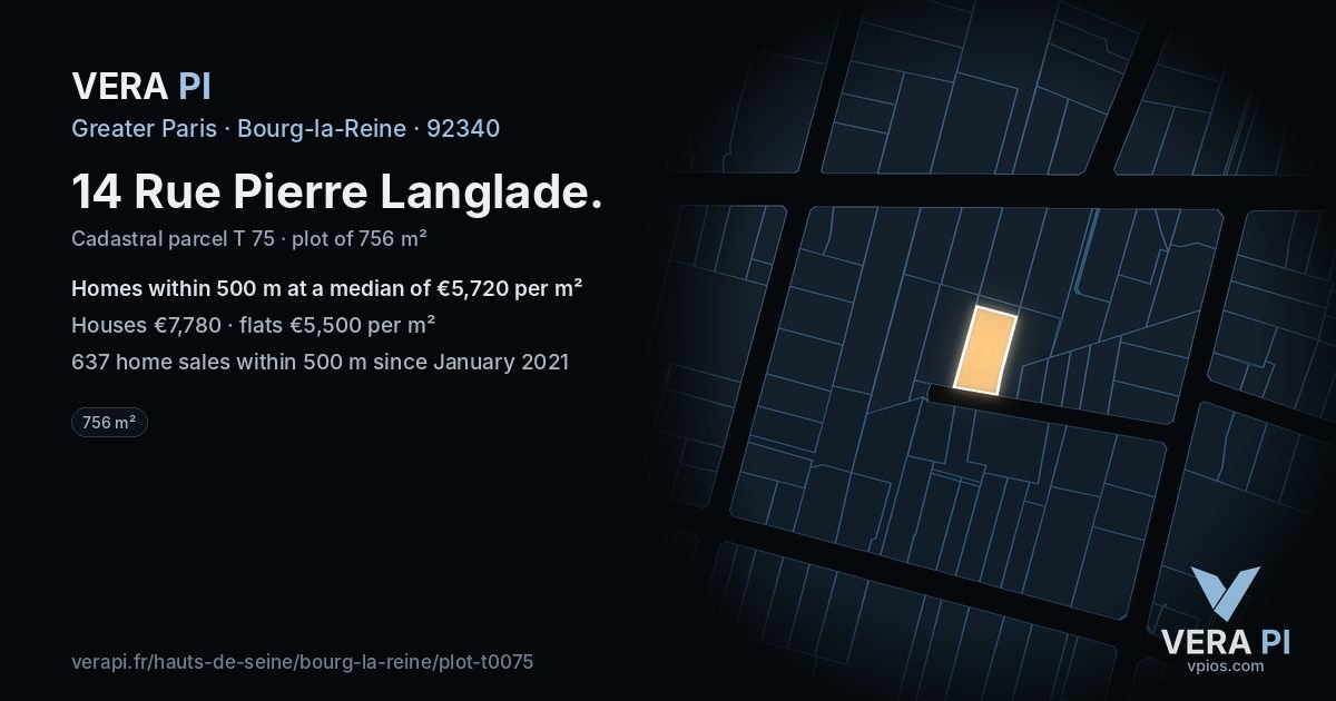 14 Rue Pierre Langlade, Bourg-la-Reine at night – the plot lit, the parcels around coloured by the prices near them