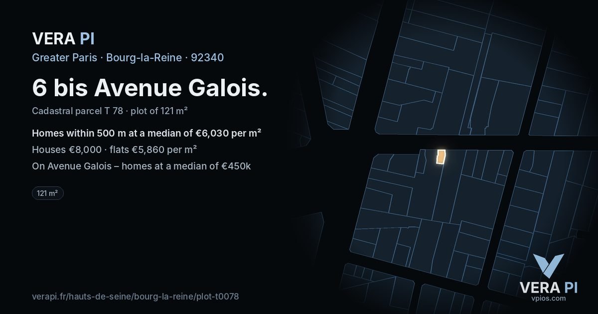 6 bis Avenue Galois, Bourg-la-Reine at night – the plot lit, the parcels around coloured by the prices near them