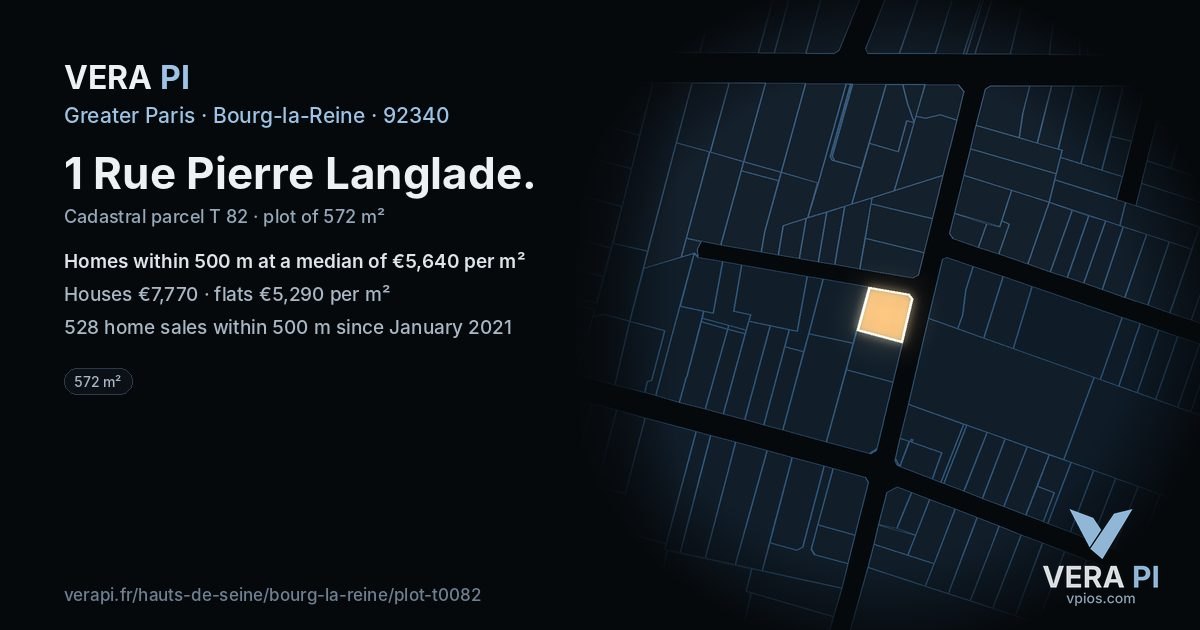 1 Rue Pierre Langlade, Bourg-la-Reine at night – the plot lit, the parcels around coloured by the prices near them