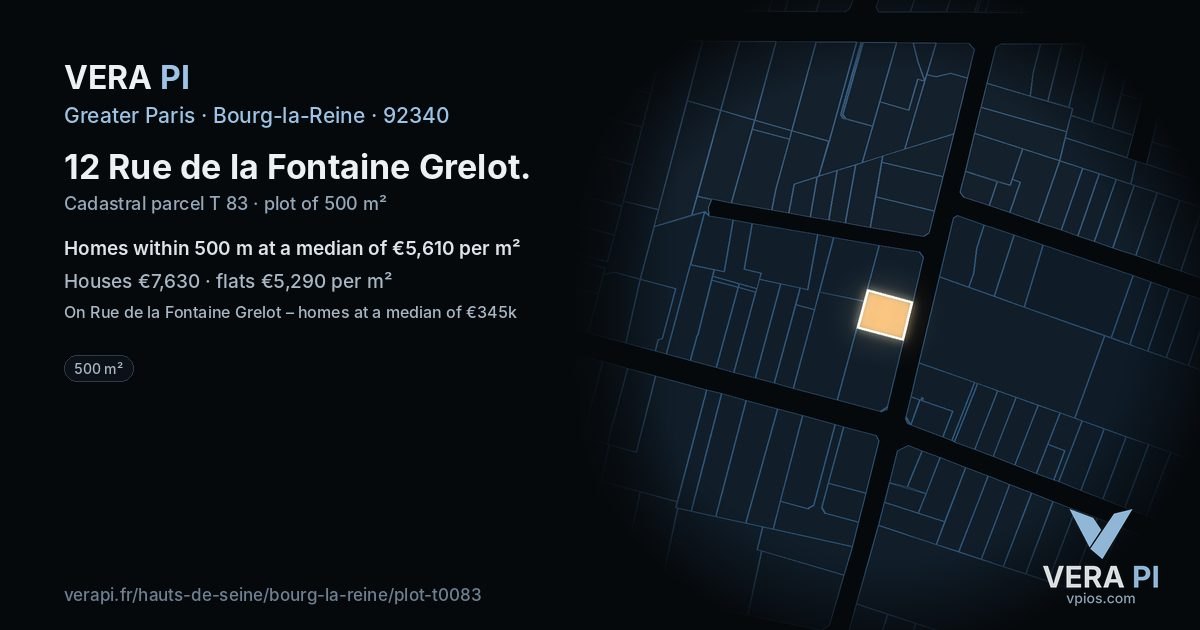 12 Rue de la Fontaine Grelot, Bourg-la-Reine at night – the plot lit, the parcels around coloured by the prices near them