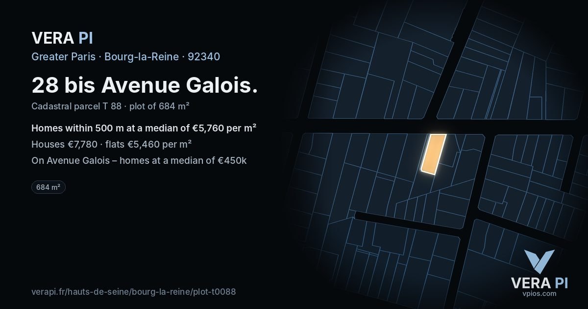 28 bis Avenue Galois, Bourg-la-Reine at night – the plot lit, the parcels around coloured by the prices near them