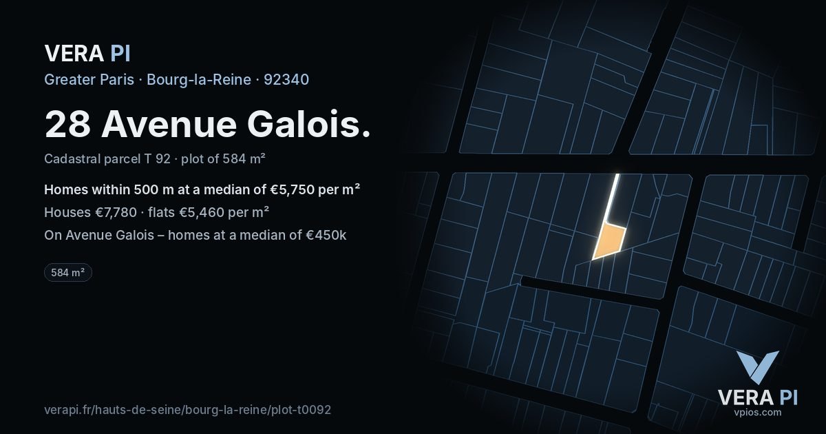 28 Avenue Galois, Bourg-la-Reine at night – the plot lit, the parcels around coloured by the prices near them