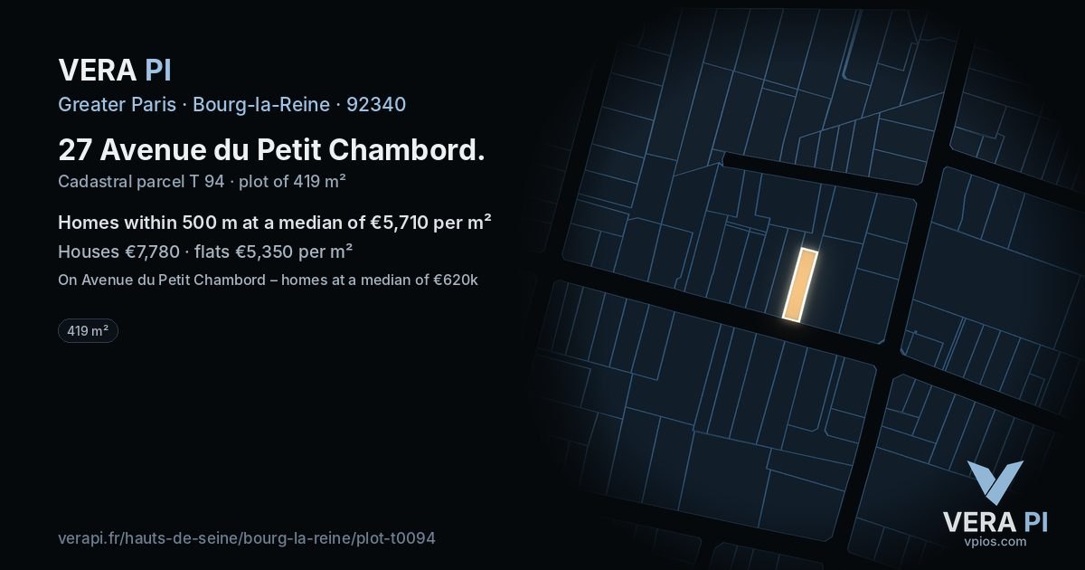 27 Avenue du Petit Chambord, Bourg-la-Reine at night – the plot lit, the parcels around coloured by the prices near them