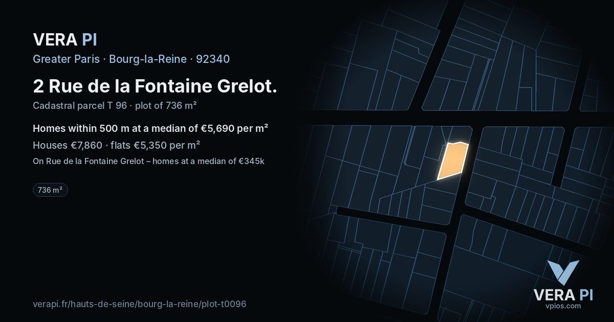 2 Rue de la Fontaine Grelot, Bourg-la-Reine at night – the plot lit, the parcels around coloured by the prices near them
