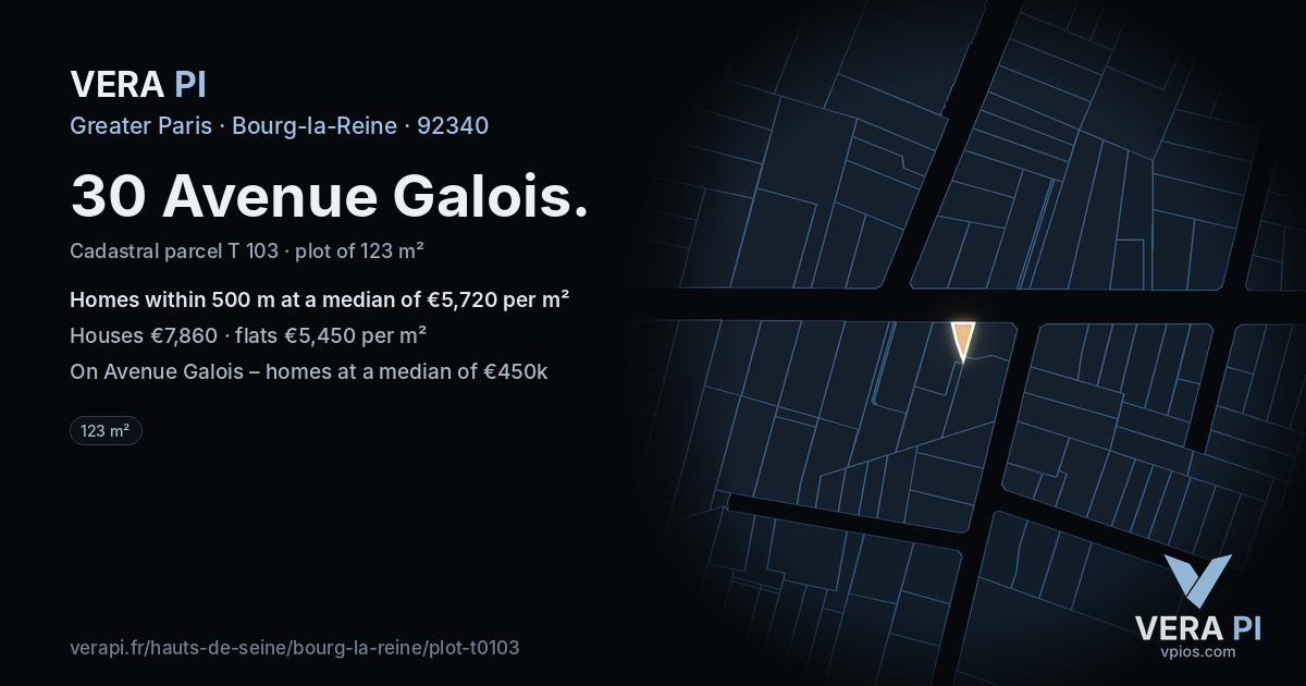 30 Avenue Galois, Bourg-la-Reine at night – the plot lit, the parcels around coloured by the prices near them