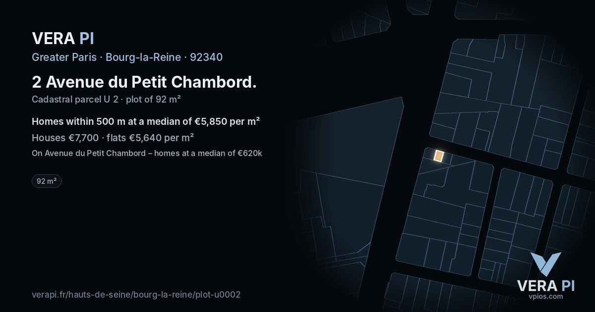 2 Avenue du Petit Chambord, Bourg-la-Reine at night – the plot lit, the parcels around coloured by the prices near them