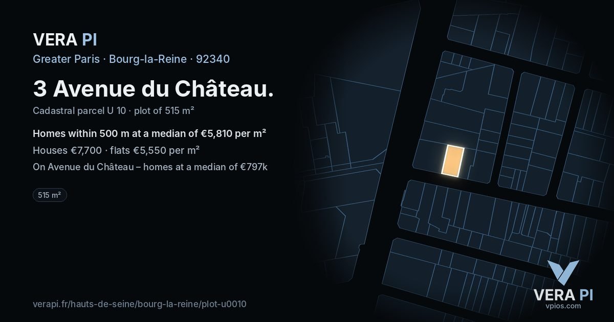 3 Avenue du Château, Bourg-la-Reine at night – the plot lit, the parcels around coloured by the prices near them