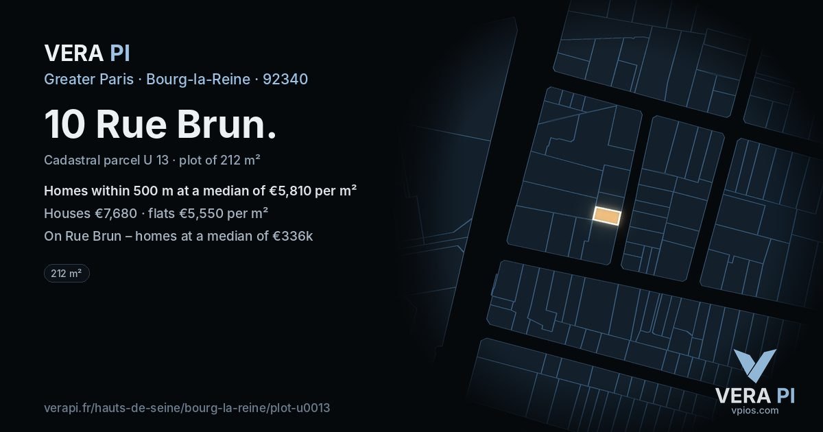 10 Rue Brun, Bourg-la-Reine at night – the plot lit, the parcels around coloured by the prices near them