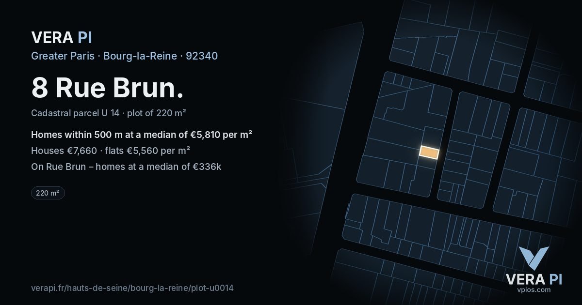 8 Rue Brun, Bourg-la-Reine at night – the plot lit, the parcels around coloured by the prices near them