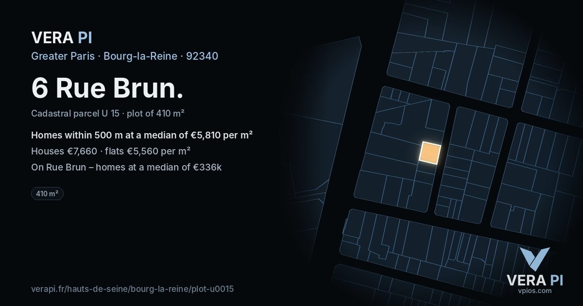 6 Rue Brun, Bourg-la-Reine at night – the plot lit, the parcels around coloured by the prices near them