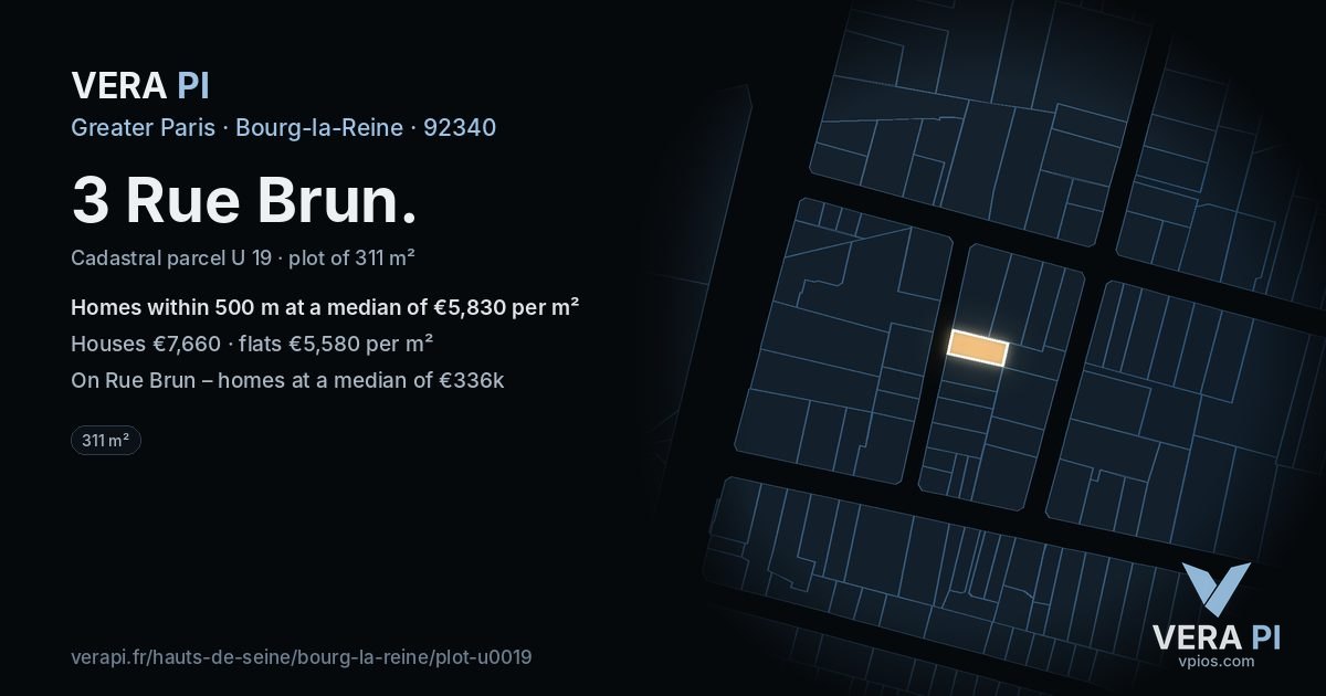 3 Rue Brun, Bourg-la-Reine at night – the plot lit, the parcels around coloured by the prices near them